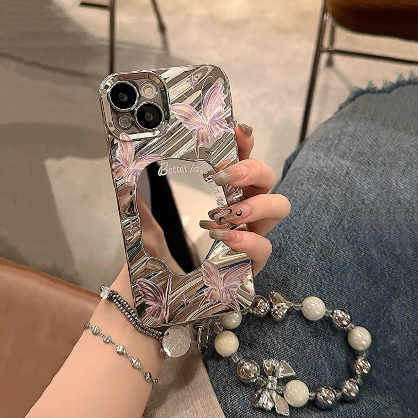 Cute Electroplated Silver 3D Wave Pink Butterfly Print with Beaded Pearl Hand Strap Protective iPhone Case for iPhone 11 12 13 14 15 Pro Max