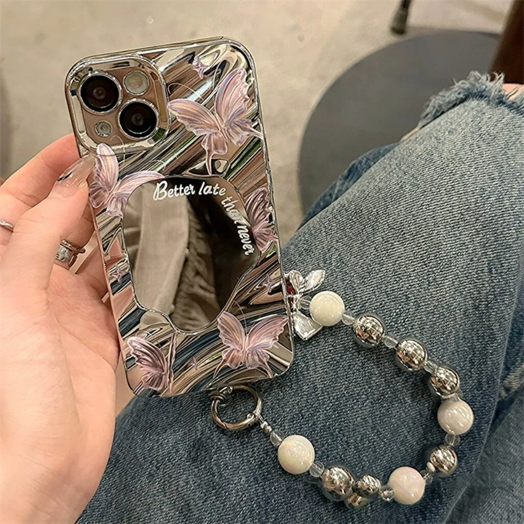 Cute Electroplated Silver 3D Wave Pink Butterfly Print with Beaded Pearl Hand Strap Protective iPhone Case for iPhone 11 12 13 14 15 Pro Max