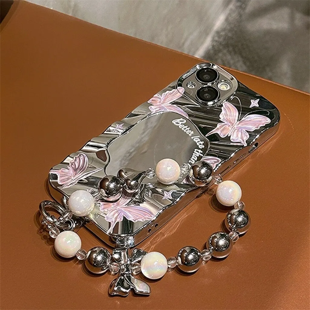 Cute Electroplated Silver 3D Wave Pink Butterfly Print with Beaded Pearl Hand Strap Protective iPhone Case for iPhone 11 12 13 14 15 Pro Max