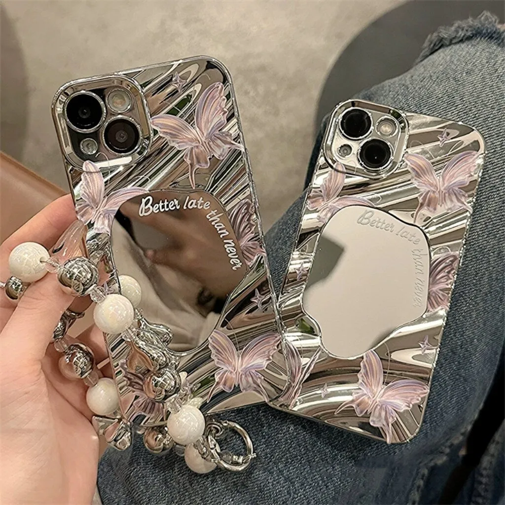 Cute Electroplated Silver 3D Wave Pink Butterfly Print with Beaded Pearl Hand Strap Protective iPhone Case for iPhone 11 12 13 14 15 Pro Max