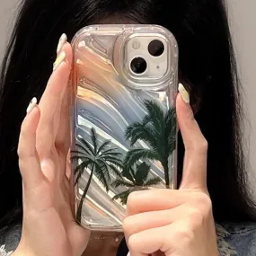 Cute Gradient Glossy 3D Waves Tropical Island Palm Trees Design Protective Shockproof Phone Case for iPhone 11 12 13 14 15 Pro Max Case