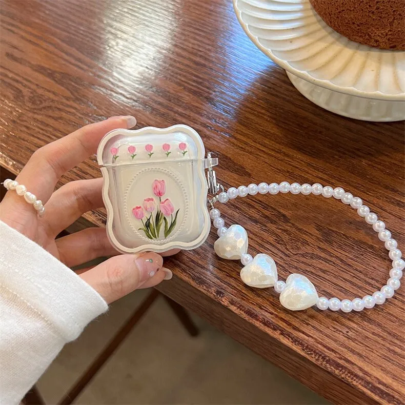 Cute Wavy Clear Oval Flower Painting Protective Shockproof Cover AirPods Case   White Heart Pearl Strap for AirPods 1 2 3 Pro 2 Generation