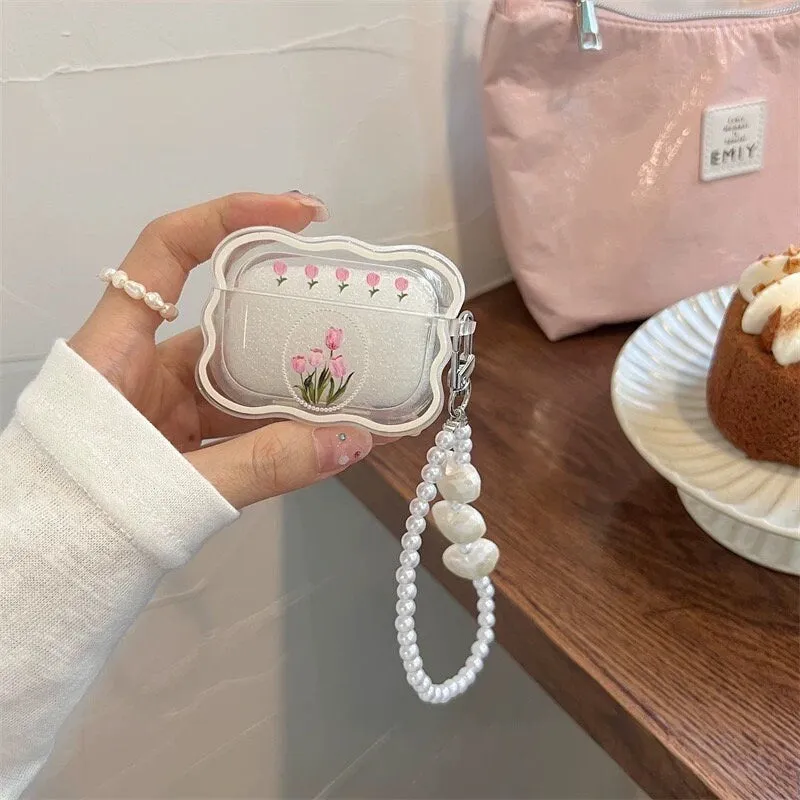 Cute Wavy Clear Oval Flower Painting Protective Shockproof Cover AirPods Case   White Heart Pearl Strap for AirPods 1 2 3 Pro 2 Generation