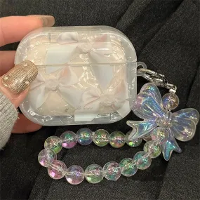 Cute White Bow Tie Print Clear Protective Cover AirPods Case   Beaded Hand Strap for AirPods 1 2 3 Pro 2 Generation Shockproof AirPods Case