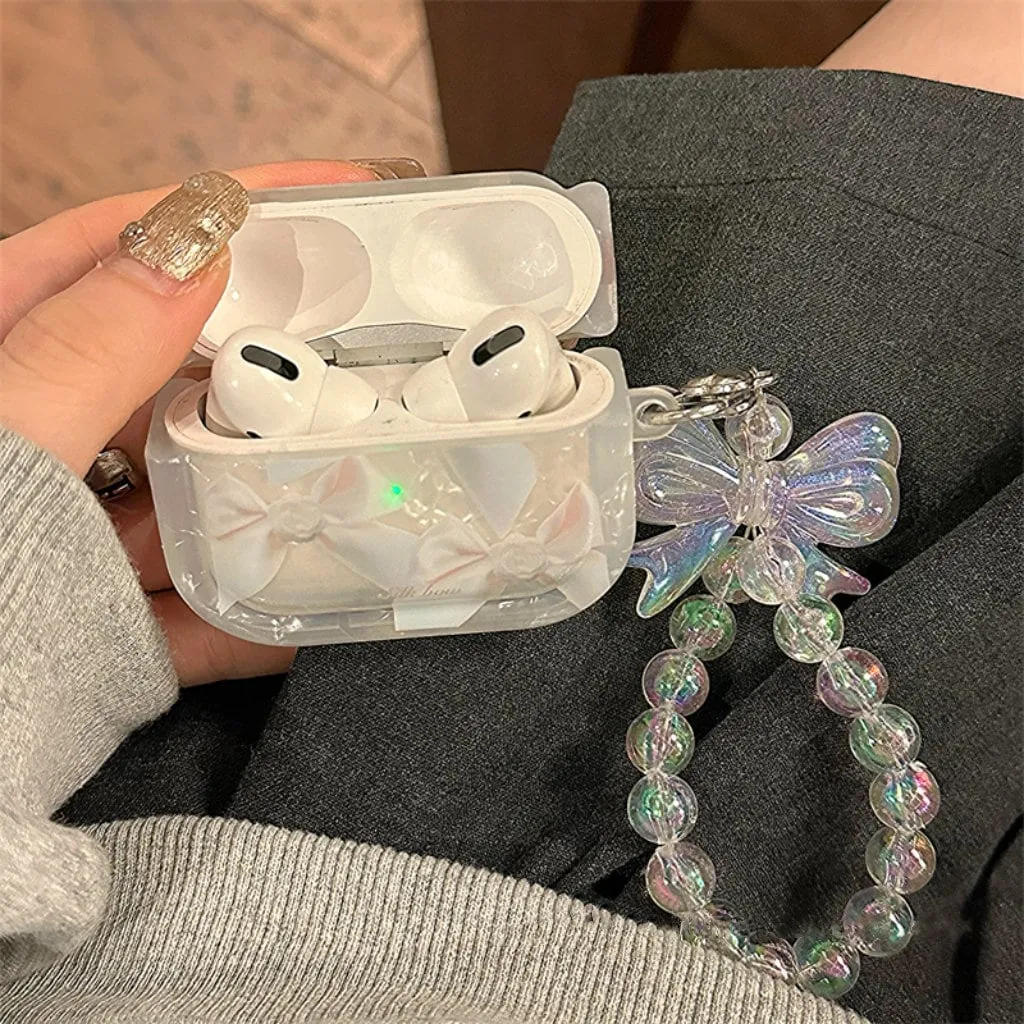 Cute White Bow Tie Print Clear Protective Cover AirPods Case   Beaded Hand Strap for AirPods 1 2 3 Pro 2 Generation Shockproof AirPods Case