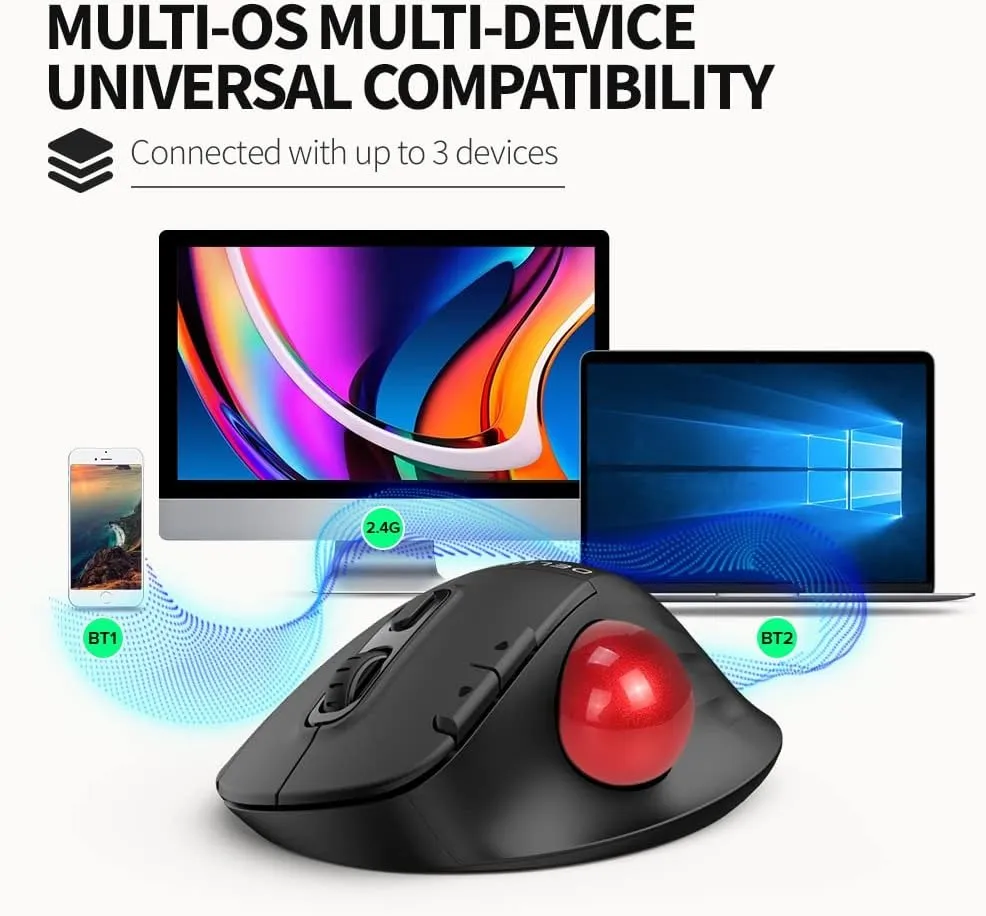 Delux MT1 DB Bluetooth and 2.4 GHz Wireless Ergonomic Trackball Optical Mouse with 2400 DPI Resolution Sensor, Up to 6 Programmable Buttons, and  Multi-Device Connectivity for PC and Laptop Computers, Phones, and Tablets - Black, White