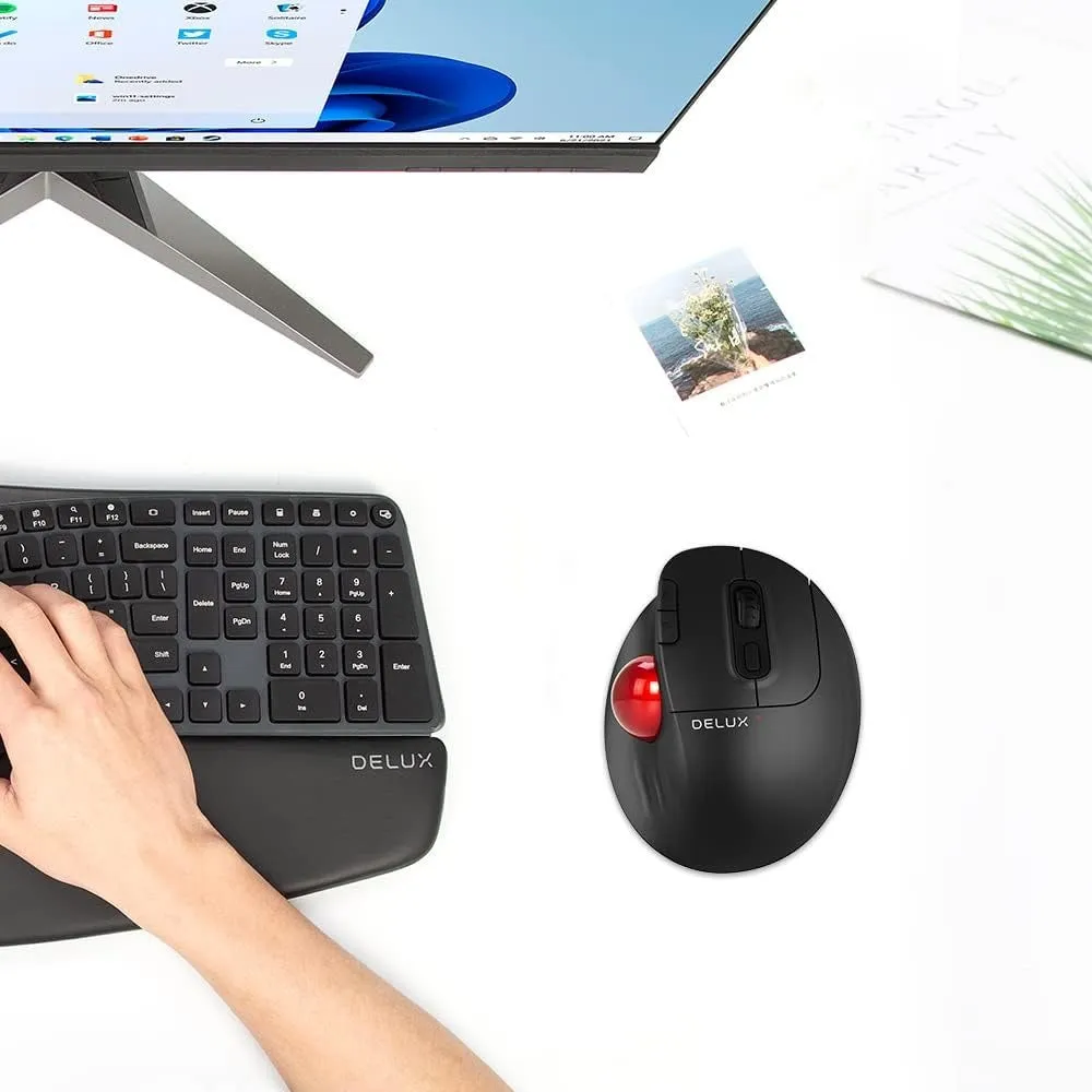 Delux MT1 DB Bluetooth and 2.4 GHz Wireless Ergonomic Trackball Optical Mouse with 2400 DPI Resolution Sensor, Up to 6 Programmable Buttons, and  Multi-Device Connectivity for PC and Laptop Computers, Phones, and Tablets - Black, White