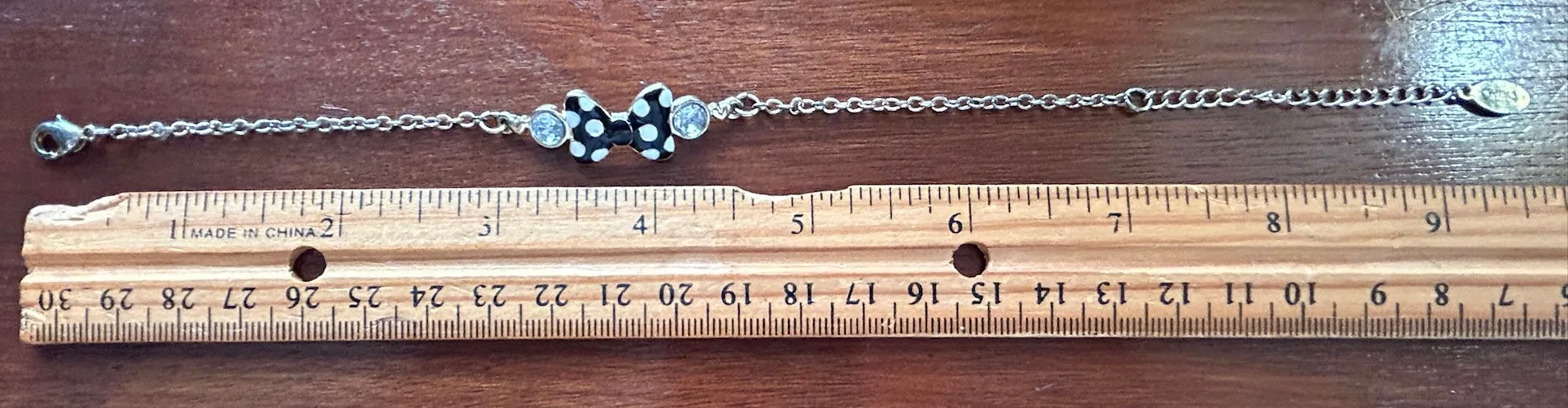 Disney Minnie Mouse Black White Polka Dot Bow Rhinestone Chain Bracelet