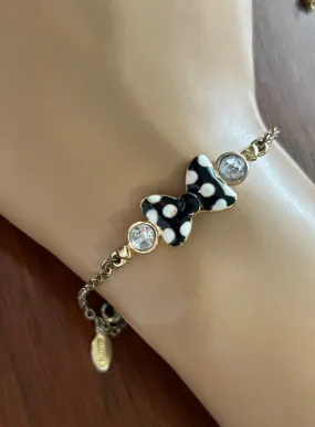 Disney Minnie Mouse Black White Polka Dot Bow Rhinestone Chain Bracelet