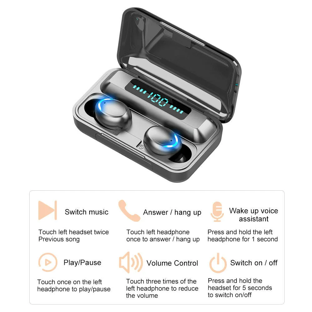 Earbuds Bluetooth 5.1 True Wireless Headphones Sports Headset with Mic LED Display USB Output Power Bank