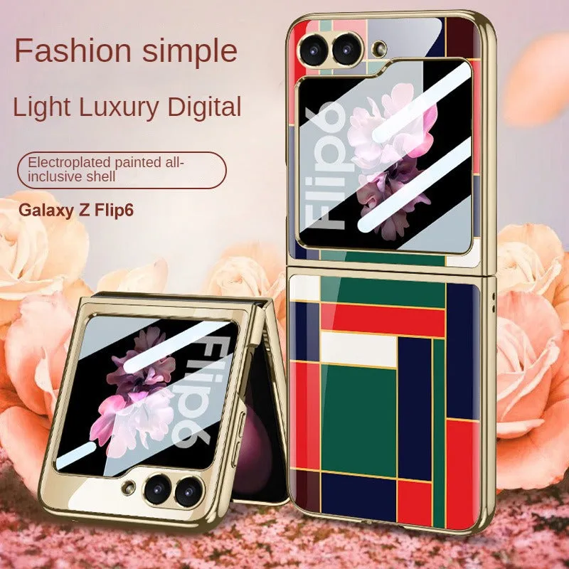 Electroplated Creative Pattern Phone Case With Tempered Film  For Samsung Z Flip 6