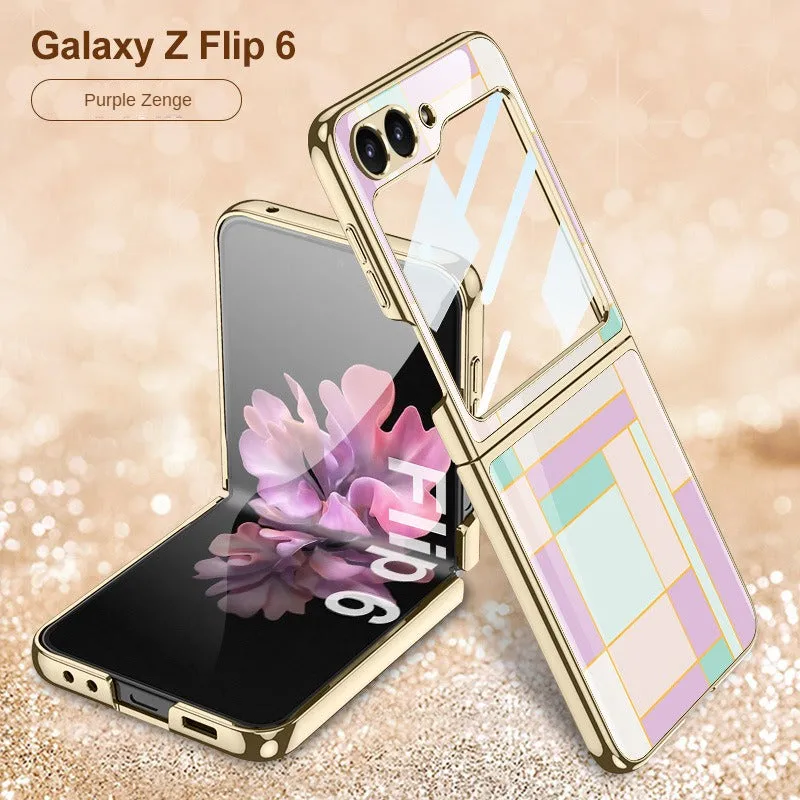 Electroplated Creative Pattern Phone Case With Tempered Film  For Samsung Z Flip 6