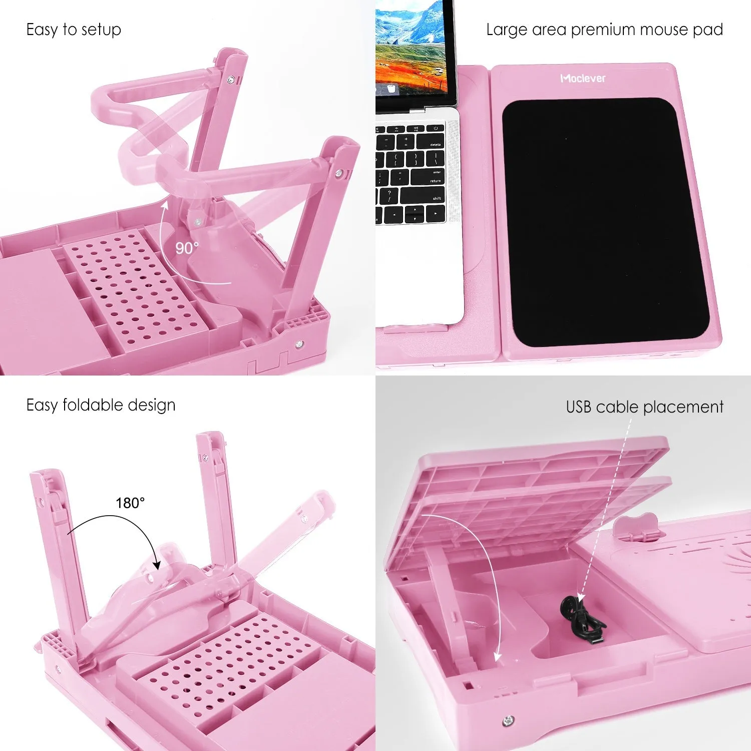 Foldable Laptop Table Bed Notebook Desk with Cooling Fan Mouse Board LED light 4 xUSB Ports Breakfast Snacking Tray