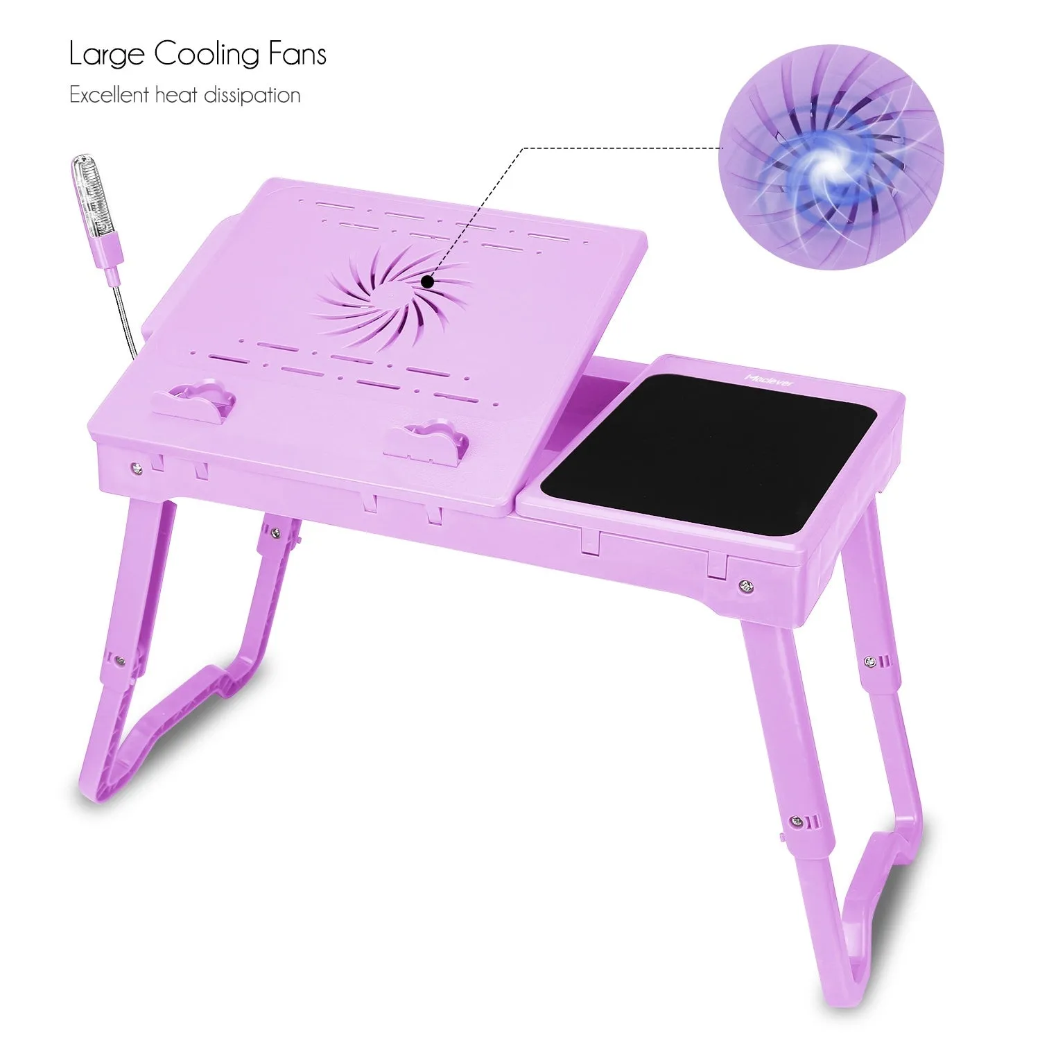 Foldable Laptop Table Bed Notebook Desk with Cooling Fan Mouse Board LED light 4 xUSB Ports Breakfast Snacking Tray