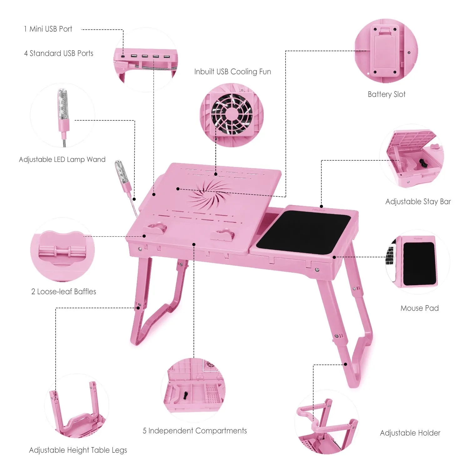 Foldable Laptop Table Bed Notebook Desk with Cooling Fan Mouse Board LED light 4 xUSB Ports Breakfast Snacking Tray