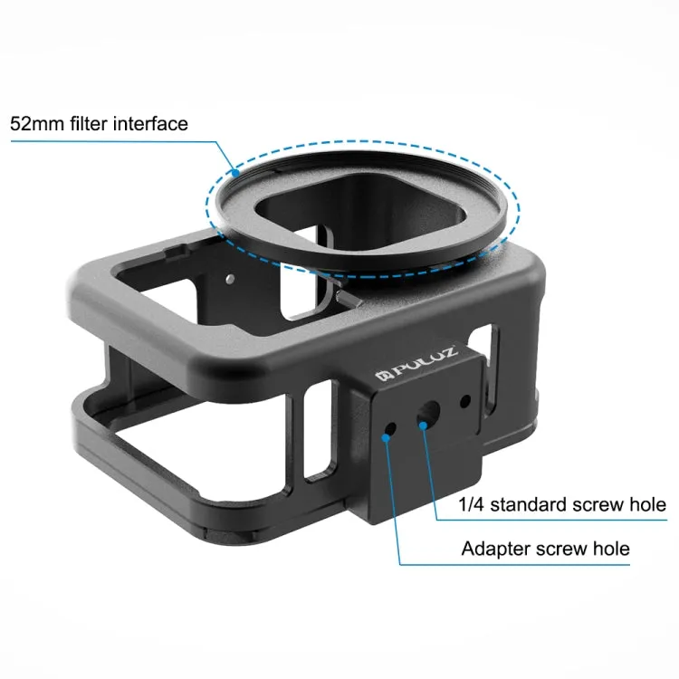 For GoPro HERO13 Black /12 Black /11 Black /10 Black /9 Black PULUZ Thin Housing Shell CNC Aluminum Alloy Protective Cage with Insurance Frame & 52mm UV Lens(Black)