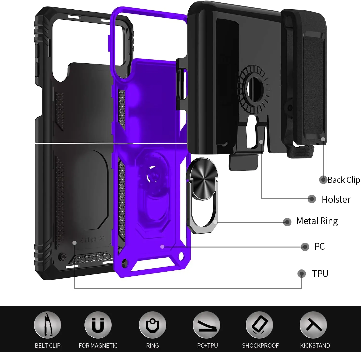 Galaxy Z Flip 4 Case with Kickstand, Samsung Z Flip 4 Case  Heavy Duty Purple