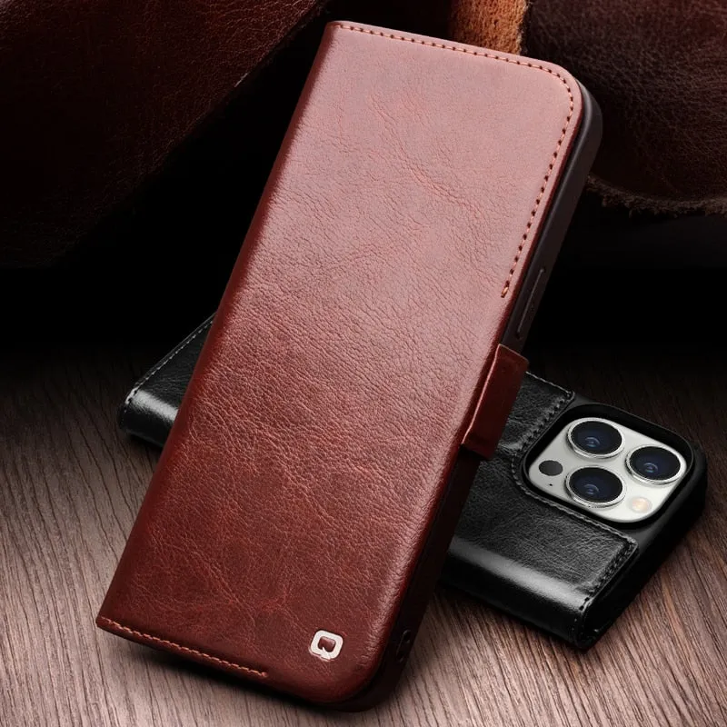 Genuine Leather Flip Phone Case Handmade Cover with Card Slots For iPhone