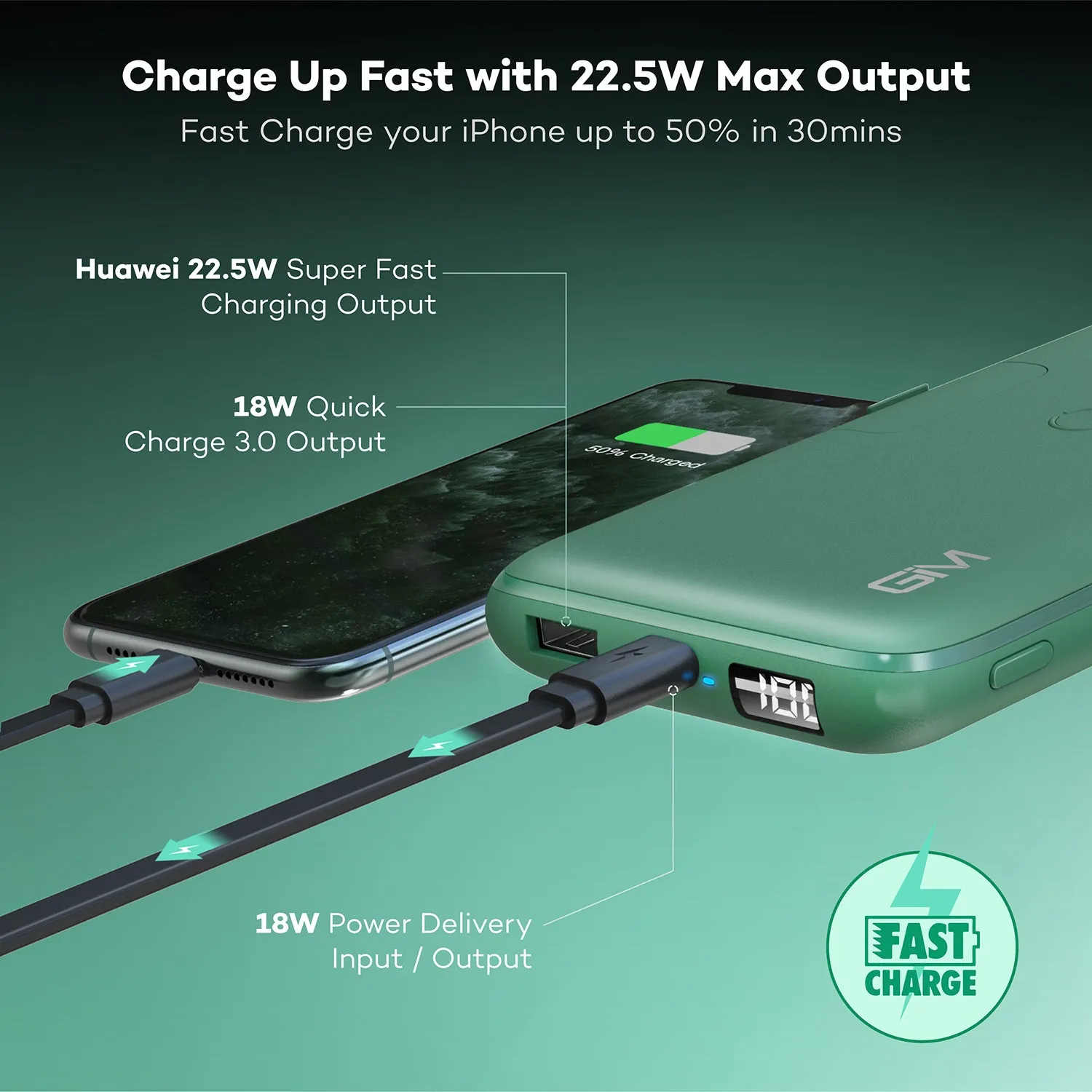 GIM 20000mAh 10W Wireless Portable Charger, PD & QC 3.0 Super Fast Charging for iPhone, Samsung, Huawei