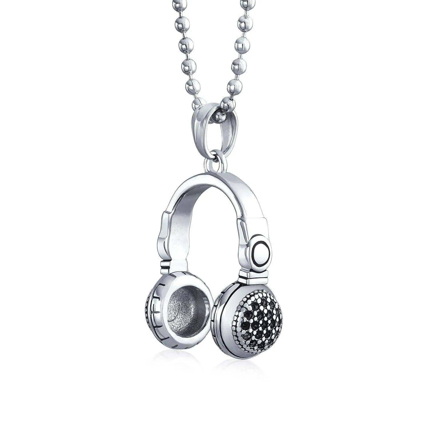 Hip Hop DJ Headphones Pendant Necklace for Men Silver Tone Stainless Steel