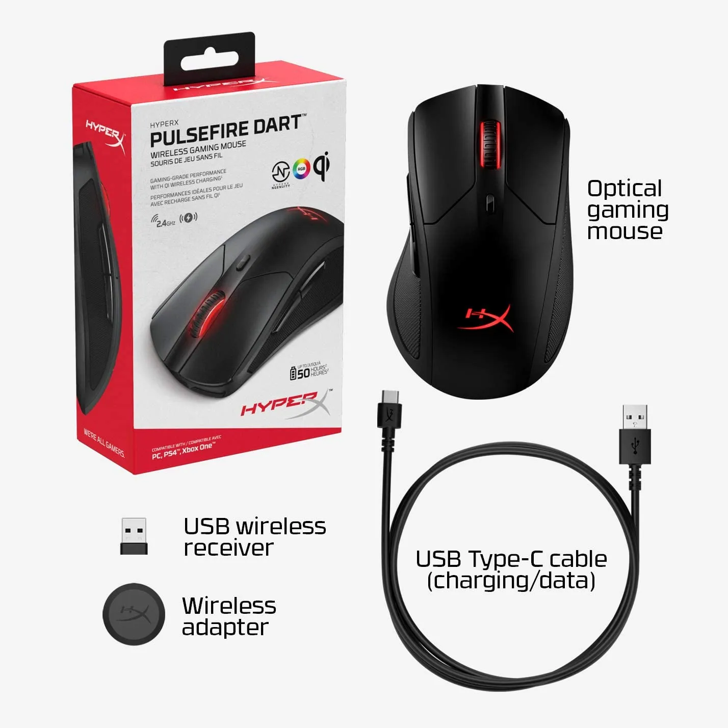 HyperX Pulsefire Dart Wireless RGB Gaming Mouse Ergonomic  with Pixart 3389 Optical Sensor, 16000 DPI, 6 Programmable Buttons, Qi-Charging 50 Hours Battery Life For PC PS5 PS4 Xbox One (HX-MC006B)