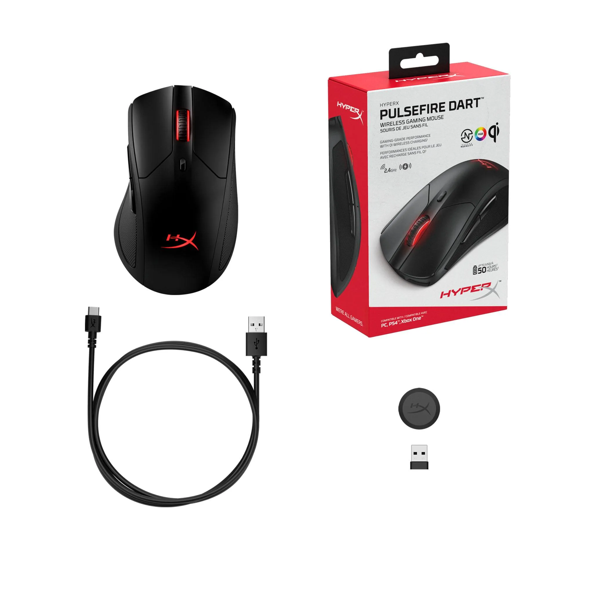 HyperX Pulsefire Dart Wireless RGB Gaming Mouse Ergonomic  with Pixart 3389 Optical Sensor, 16000 DPI, 6 Programmable Buttons, Qi-Charging 50 Hours Battery Life For PC PS5 PS4 Xbox One (HX-MC006B)