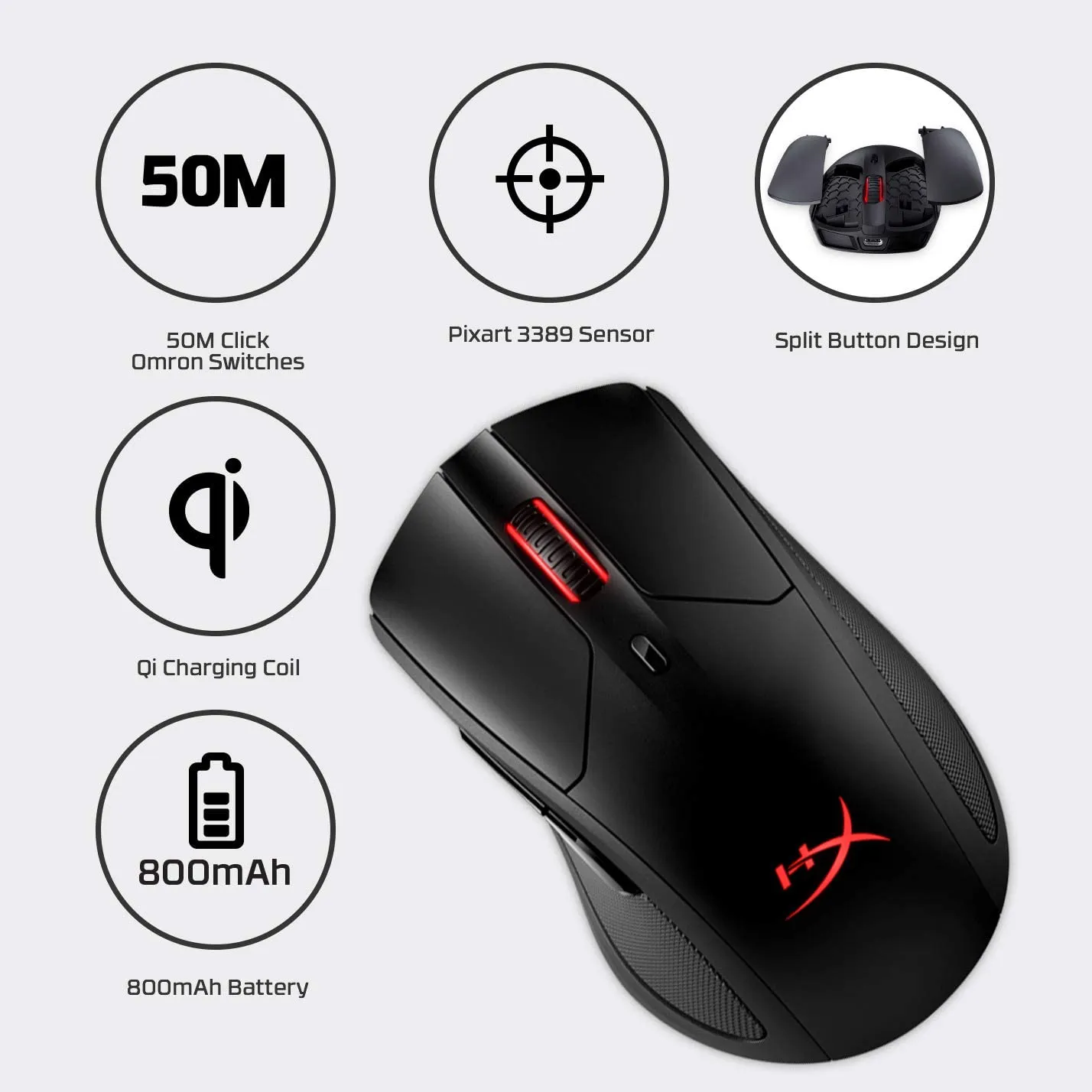 HyperX Pulsefire Dart Wireless RGB Gaming Mouse Ergonomic  with Pixart 3389 Optical Sensor, 16000 DPI, 6 Programmable Buttons, Qi-Charging 50 Hours Battery Life For PC PS5 PS4 Xbox One (HX-MC006B)