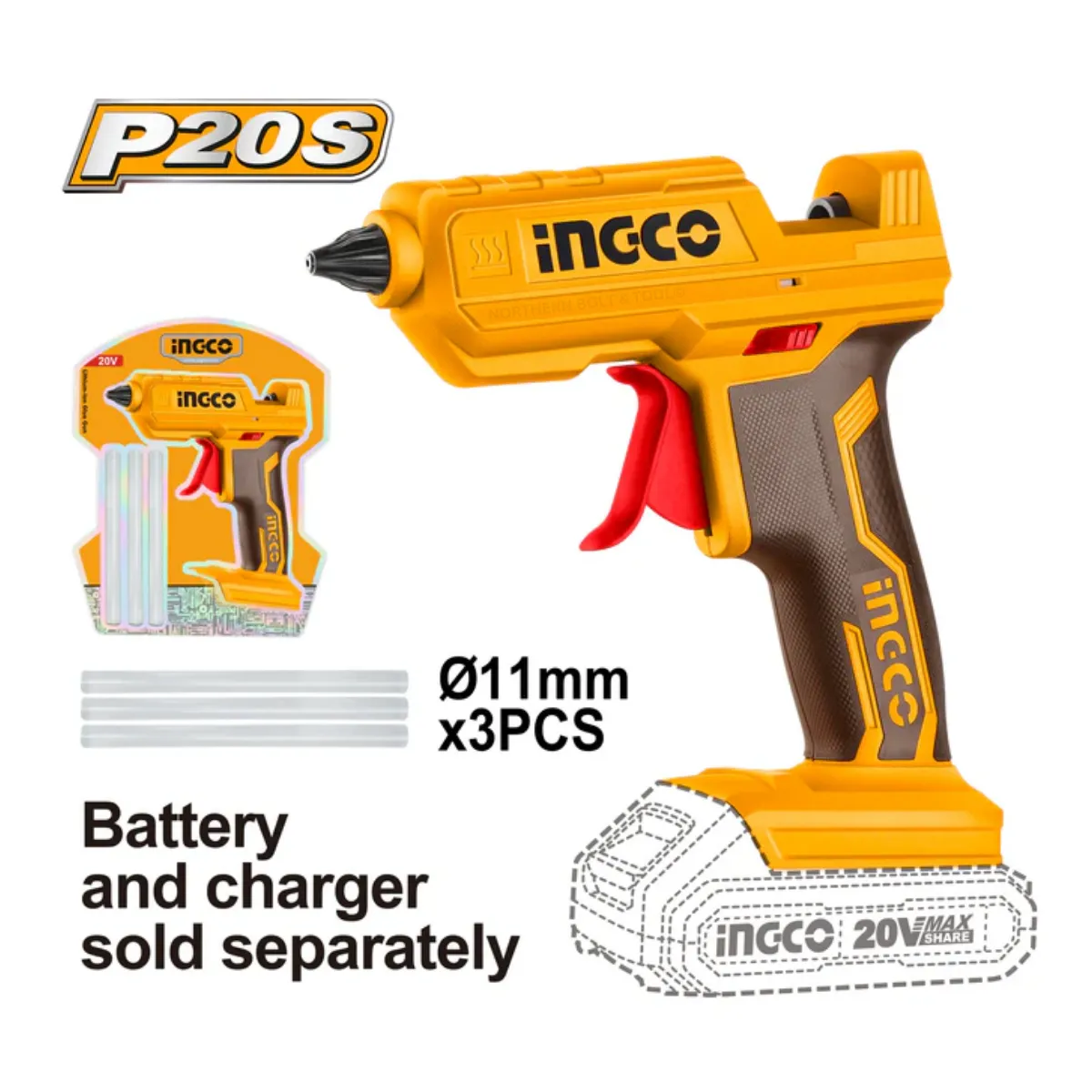 Ingco - Cordless Glue Gun 20V With 3 Glue Sticks