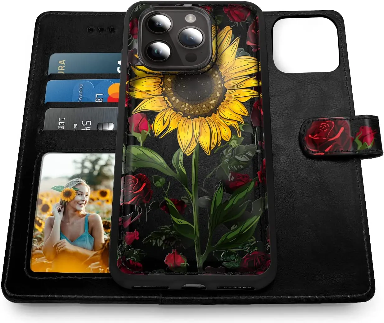 iPhone 14 Pro Max Wallet Case, Detachable Magnetic Case -Rose Flower/Sunflower