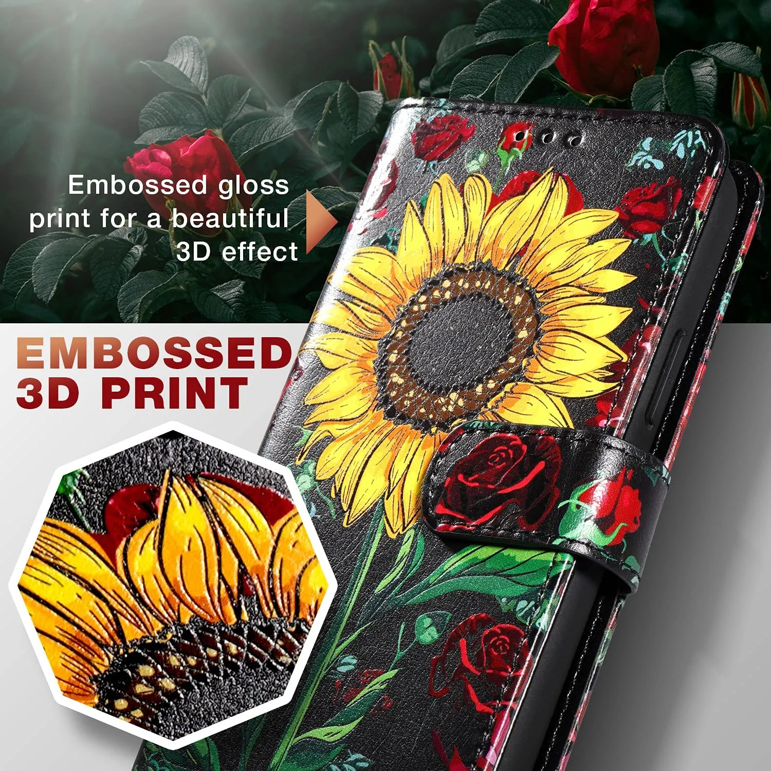 iPhone 14 Pro Max Wallet Case, Detachable Magnetic Case -Rose Flower/Sunflower