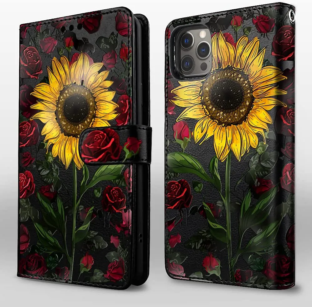 iPhone 14 Pro Max Wallet Case, Detachable Magnetic Case -Rose Flower/Sunflower