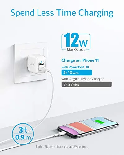 iPhone Charger, Anker PowerPort III 2-Port 12W USB Wall Charger with 3ft MFi Certified Lightning Cable, Foldable Plug, for iPhone Xs/XR/ 11/11 Pro/SE 2020/ iPad, and More