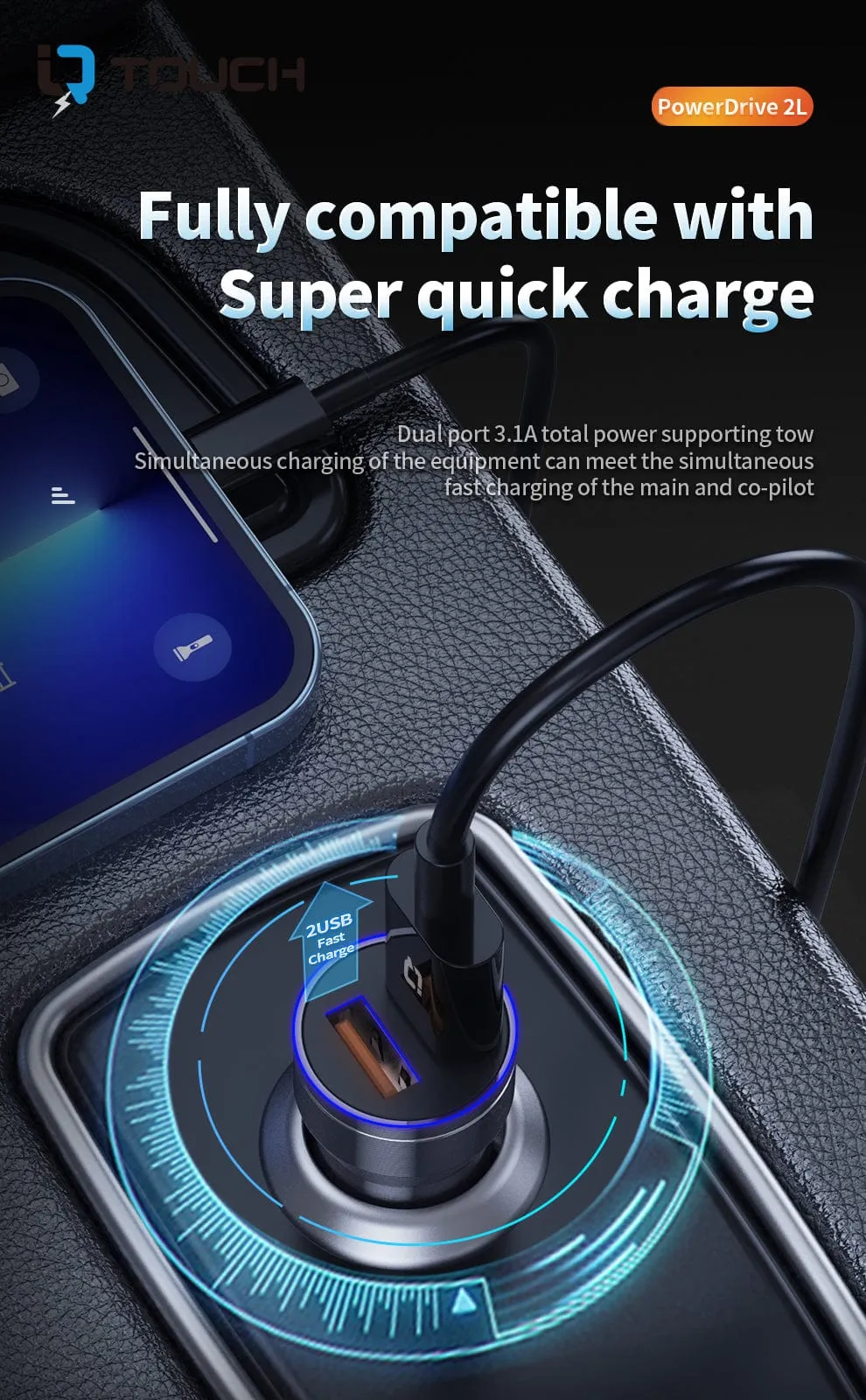 IQ Touch 18W Dual Car Charger with 1M Charging Cable - POWERDRIVE-2L