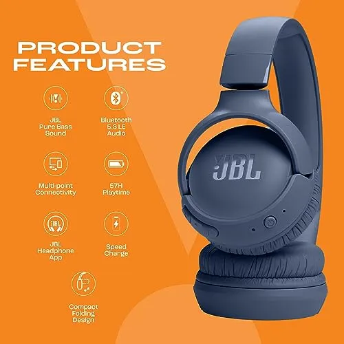 JBL Tune 520BT Wireless On Ear Headphones with Mic, Pure Bass Sound, Upto 57 Hrs Playtime, Speedcharge, Customizable Bass with Headphones App, Lightweight, Bluetooth 5.3 (Blue)