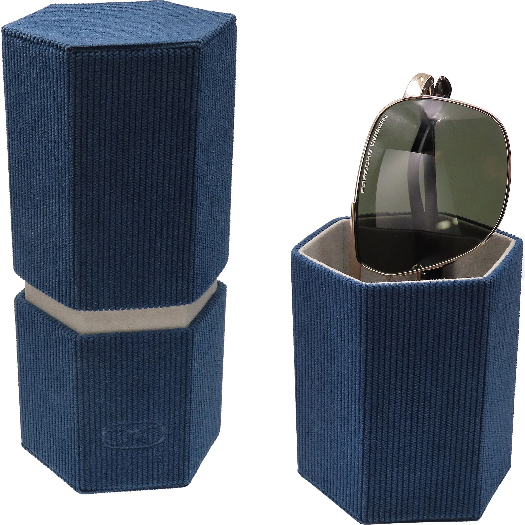 Large Sunglasses Travel Case Opens into 2 Desk stands - Classic Corduroy Blue with Pouch & Cloth (RC490 Corduroy Blue)