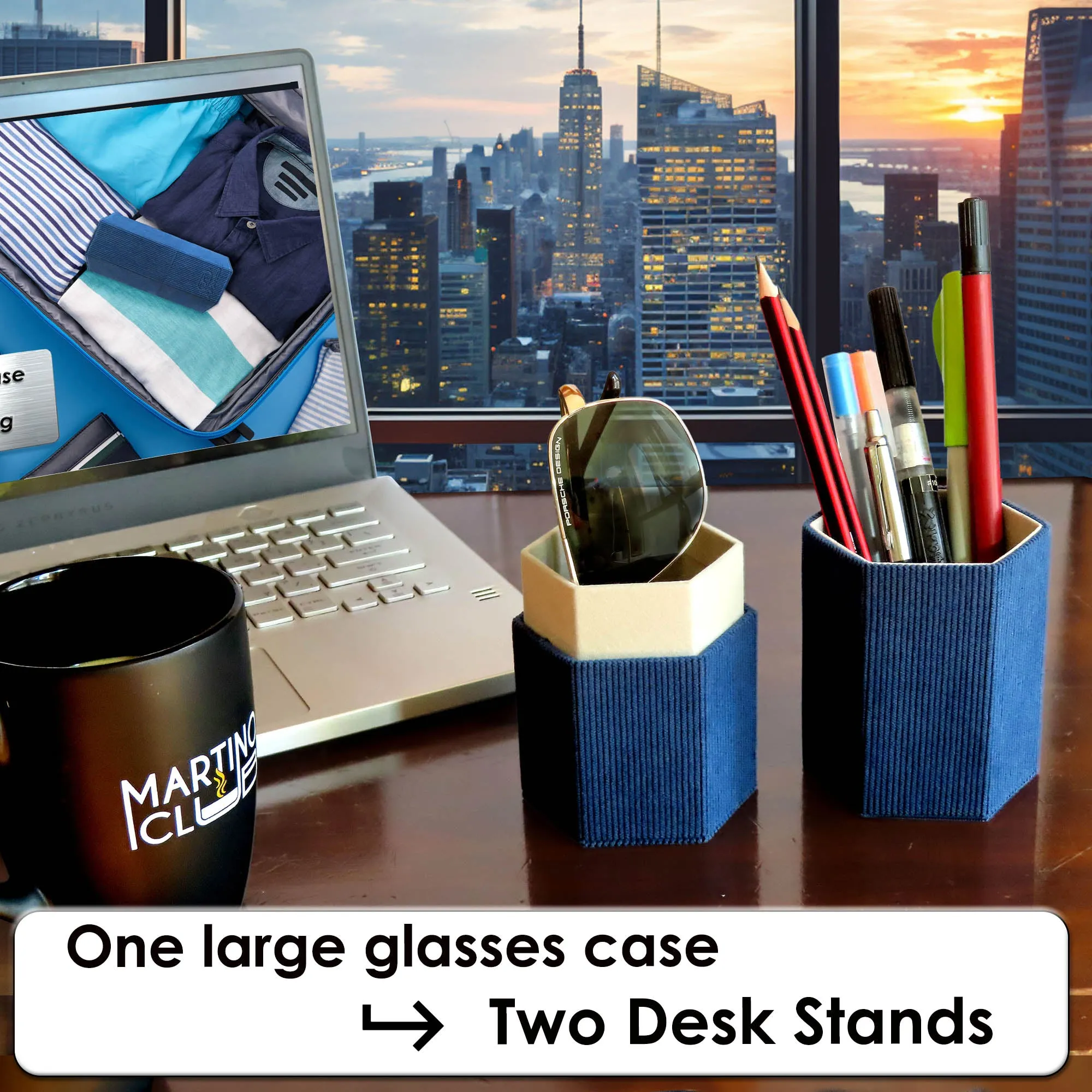 Large Sunglasses Travel Case Opens into 2 Desk stands - Classic Corduroy Blue with Pouch & Cloth (RC490 Corduroy Blue)