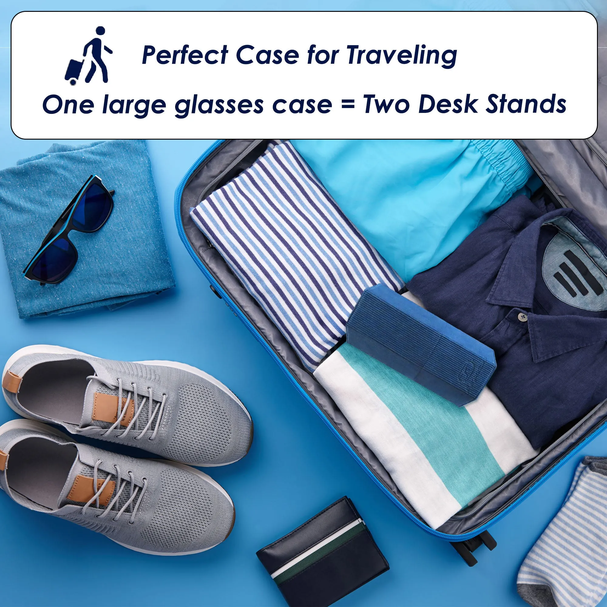 Large Sunglasses Travel Case Opens into 2 Desk stands - Classic Corduroy Blue with Pouch & Cloth (RC490 Corduroy Blue)