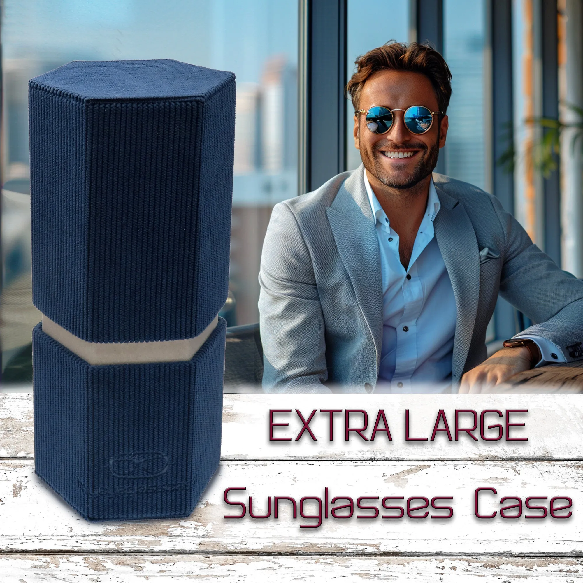 Large Sunglasses Travel Case Opens into 2 Desk stands - Classic Corduroy Blue with Pouch & Cloth (RC490 Corduroy Blue)