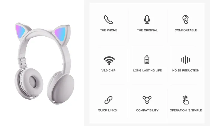 LED Cat Ear Headphones RGB Color Bluetooth 5.0 Headsets