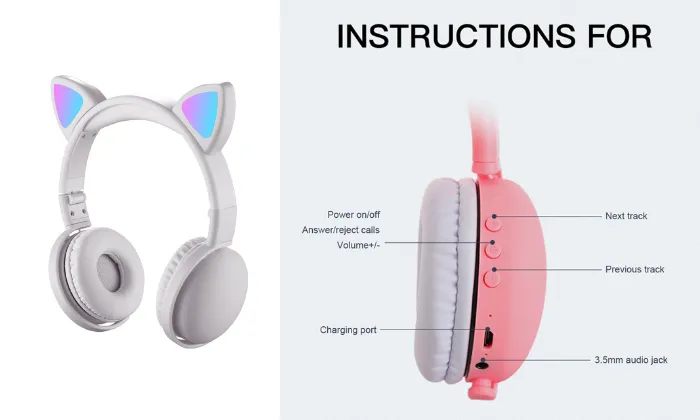 LED Cat Ear Headphones RGB Color Bluetooth 5.0 Headsets