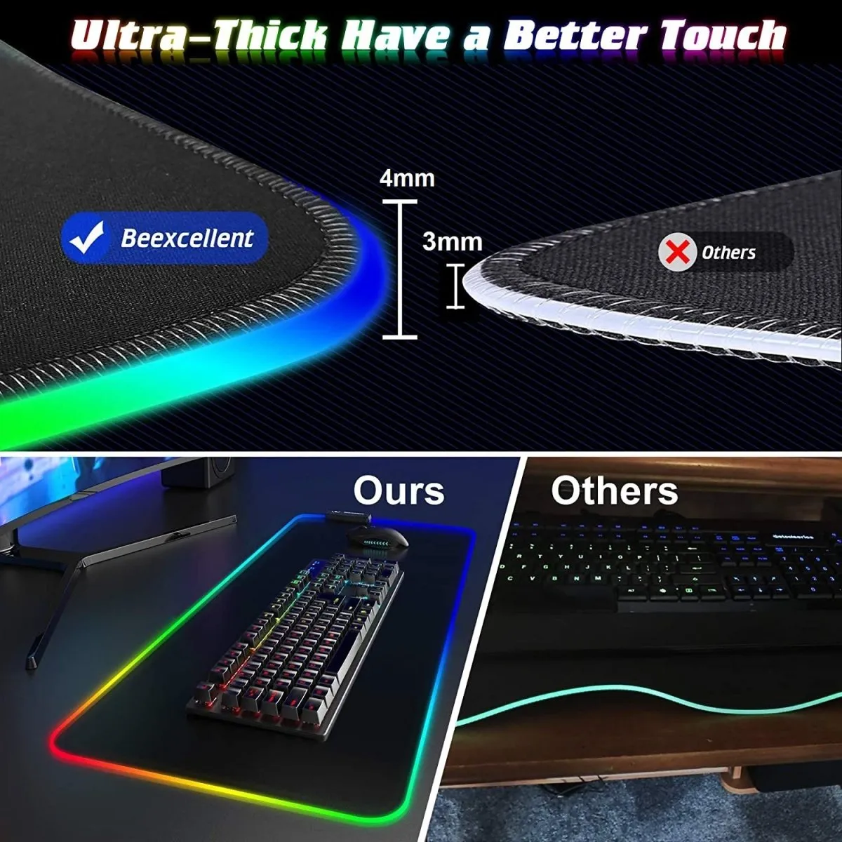 LED Gaming Mouse Pad Large 4 USB Ports RGB Extended Mousepad Keyboard Desk Anti-slip Mat