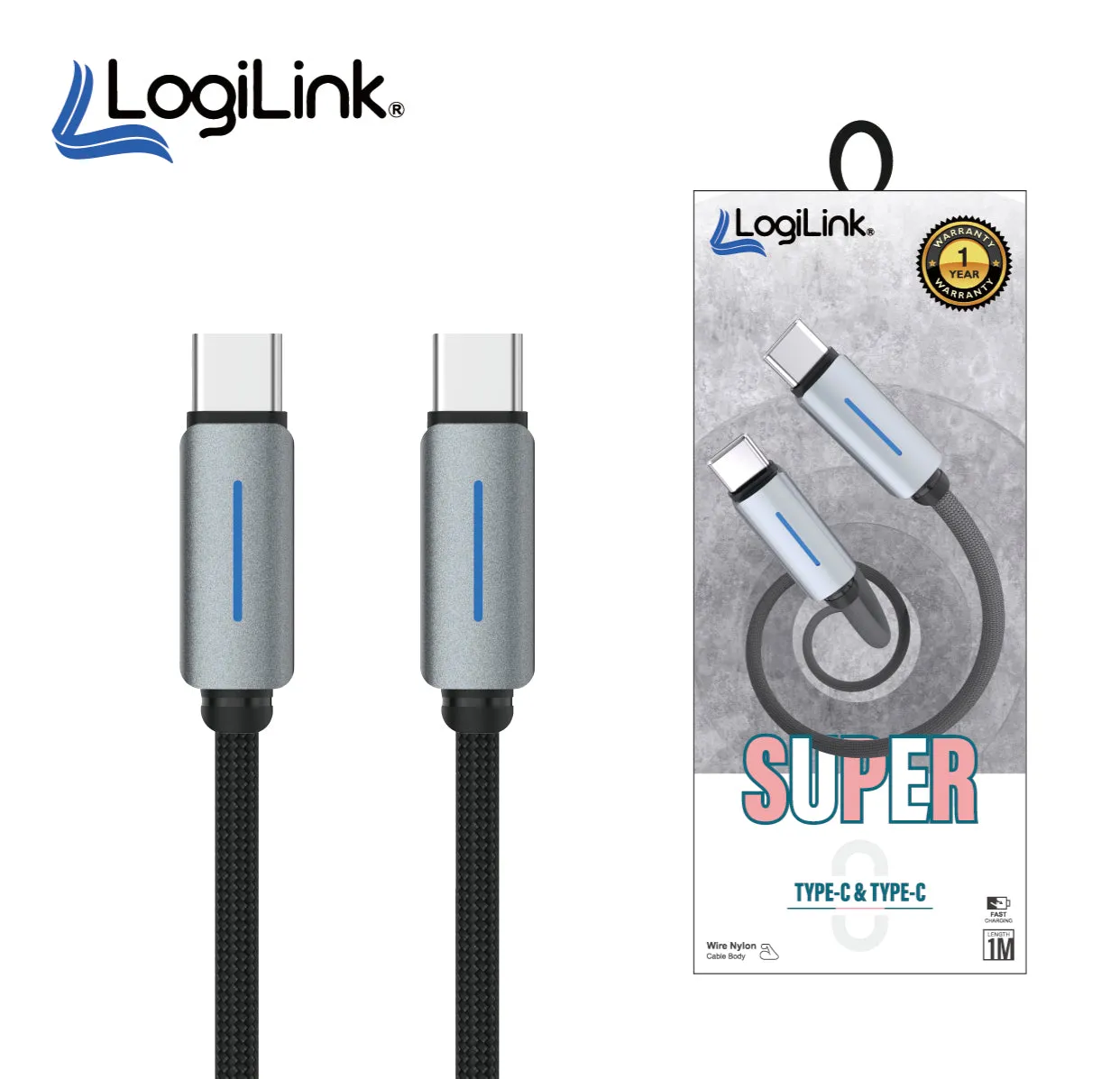 LOGILINK TYPE C TO TYPE C NYLON FAST CHARGING DATA CABLE WITH LIGH1M black