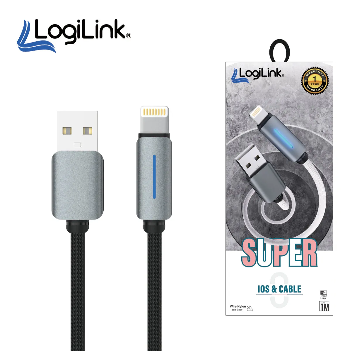 LOGILINK USB TO LIGHTNING NYLON FAST CHARGING DATA CABLE 1M black