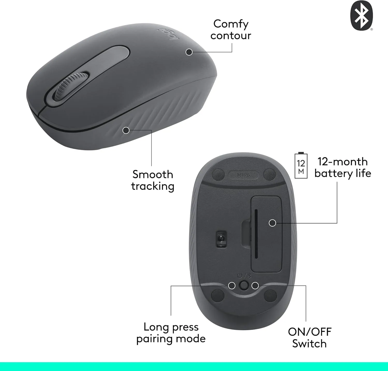 Logitech M196 Bluetooth Mouse with Compact, Contoured Shape Design | 12-Months Battery Life | Office Mouse