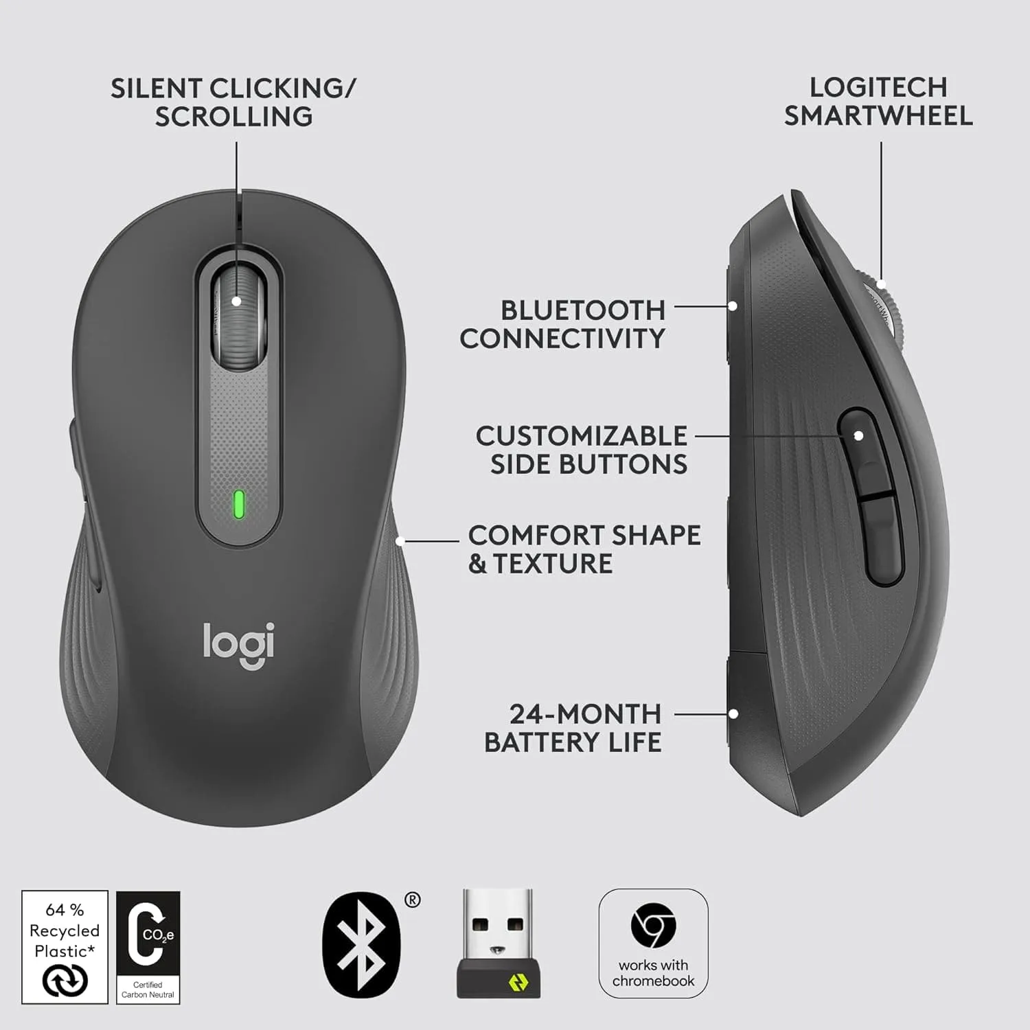 Logitech Signature M650 Wireless Mouse - For Small to Medium Sized Hands, 2-Year Battery, Silent Clicks, Customisable Side Buttons, Bluetooth, for PC/Mac/Multi-Device/Chromebook - Graphite