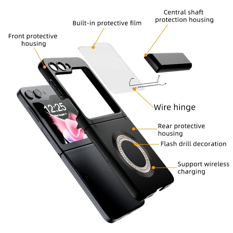 Magnetic Steel Hinge Rhinestone Phone Case with Wireless Charging Built-in Screen Protection For Samsung Galaxy Z Flip 6