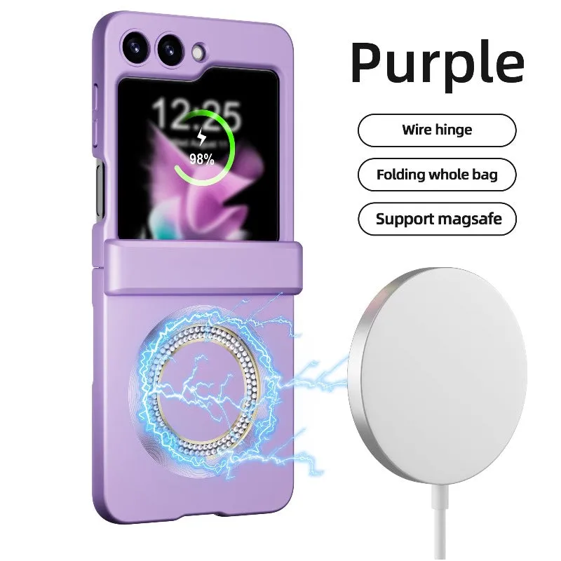 Magnetic Steel Hinge Rhinestone Phone Case with Wireless Charging For Samsung Galaxy Z Flip 5