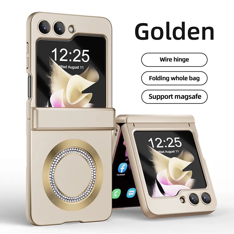 Magnetic Steel Hinge Rhinestone Phone Case with Wireless Charging For Samsung Galaxy Z Flip 5