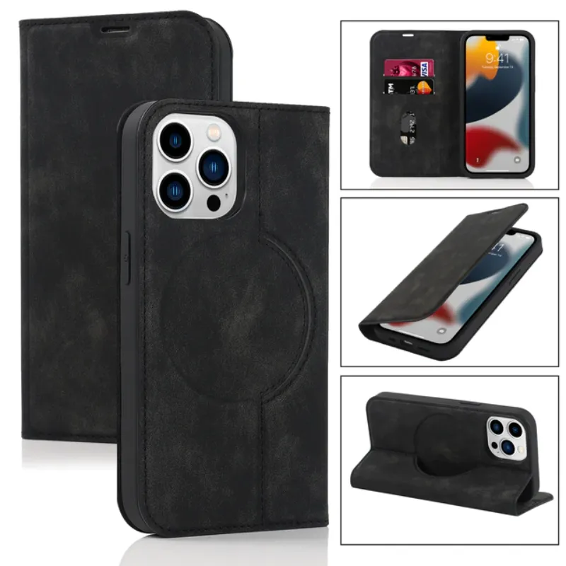 Magsafe Leather Flip Wallet Phone Case Wireless Charging Case For iPhone