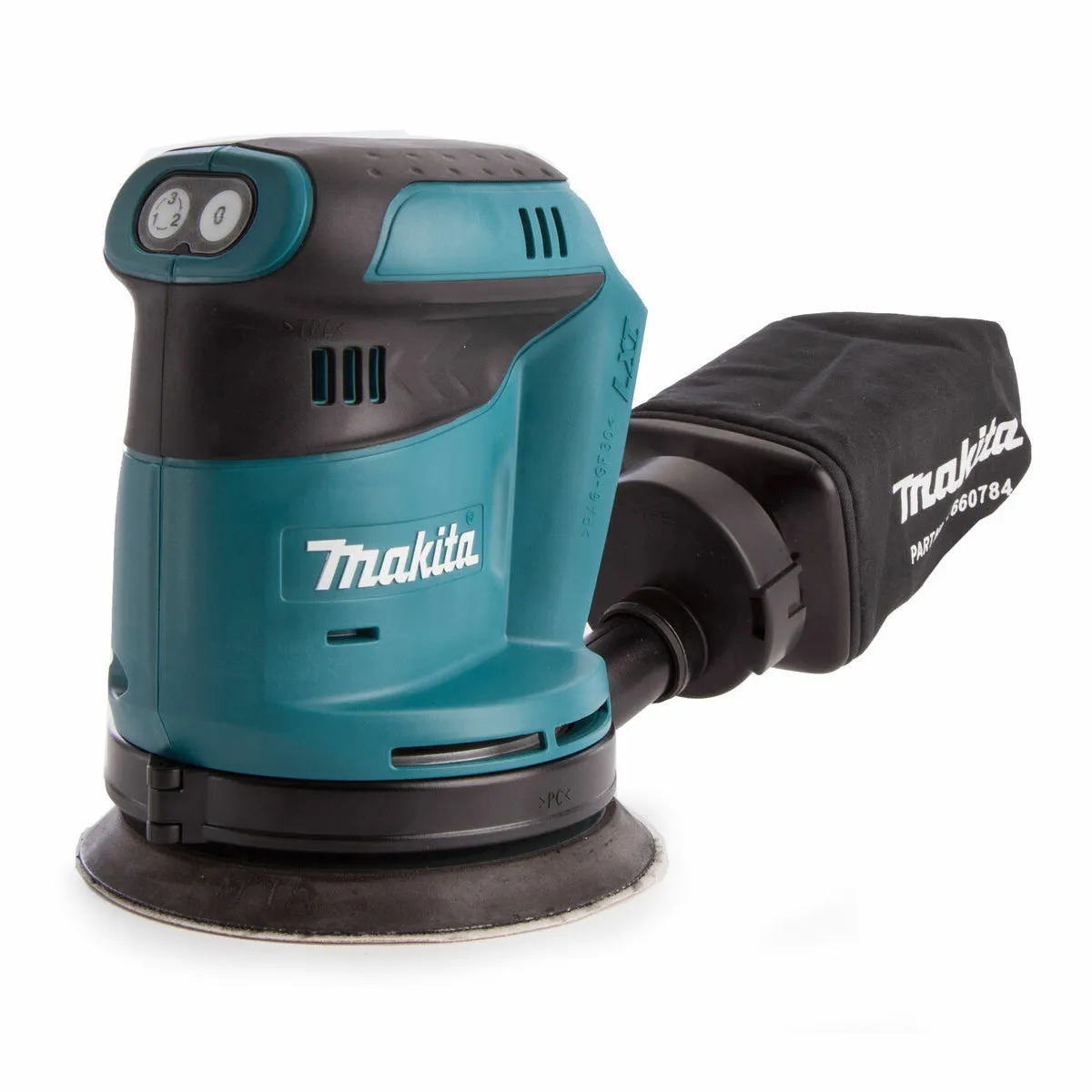 Makita DBO180Z 18V 125mm Random Orbit Sander with 1 x 5.0Ah Battery Charger & Tool Bag